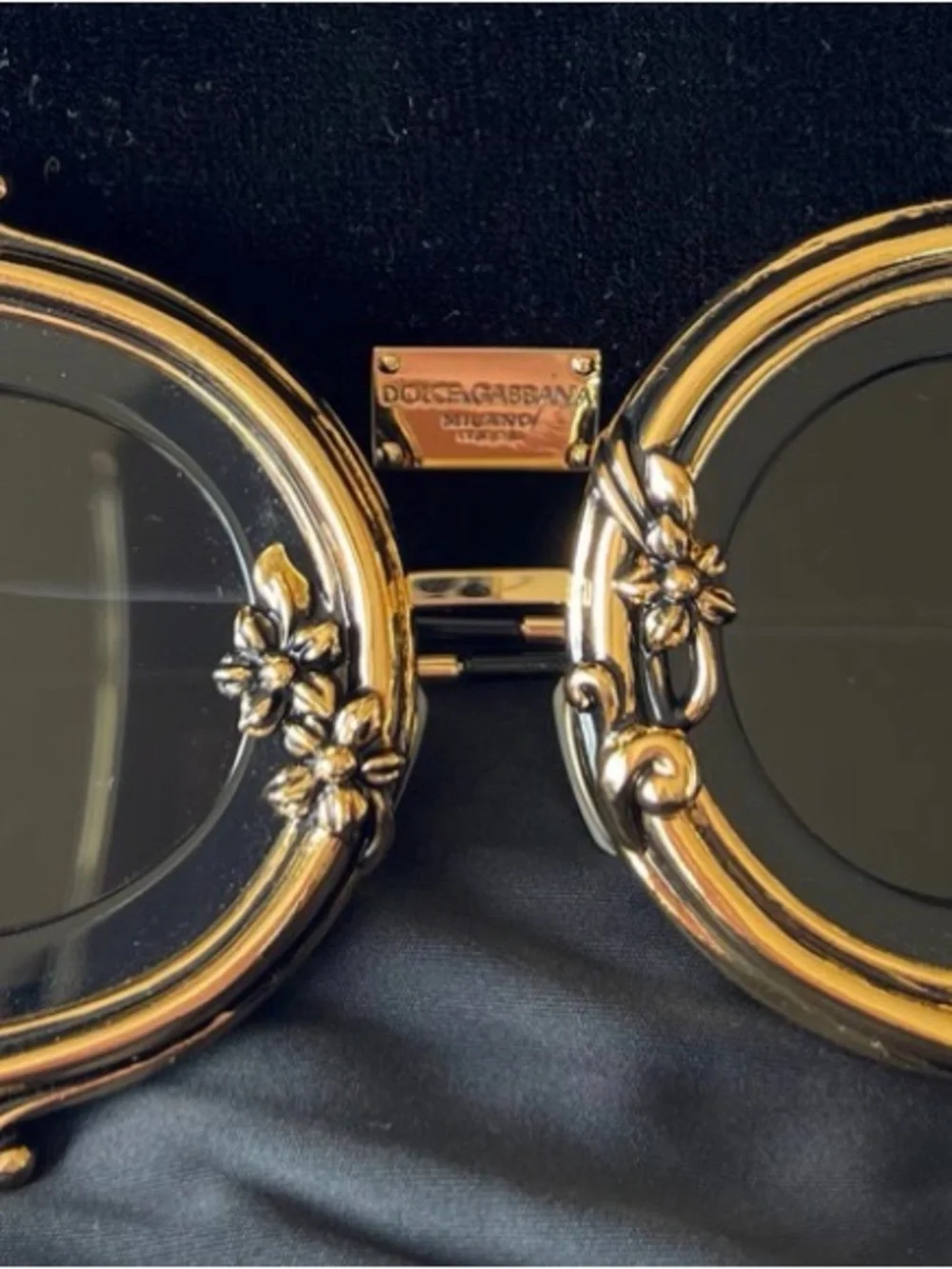 Dolce & Gabbana Ornate Gold DG Frame Sunglasses with Black Lenses